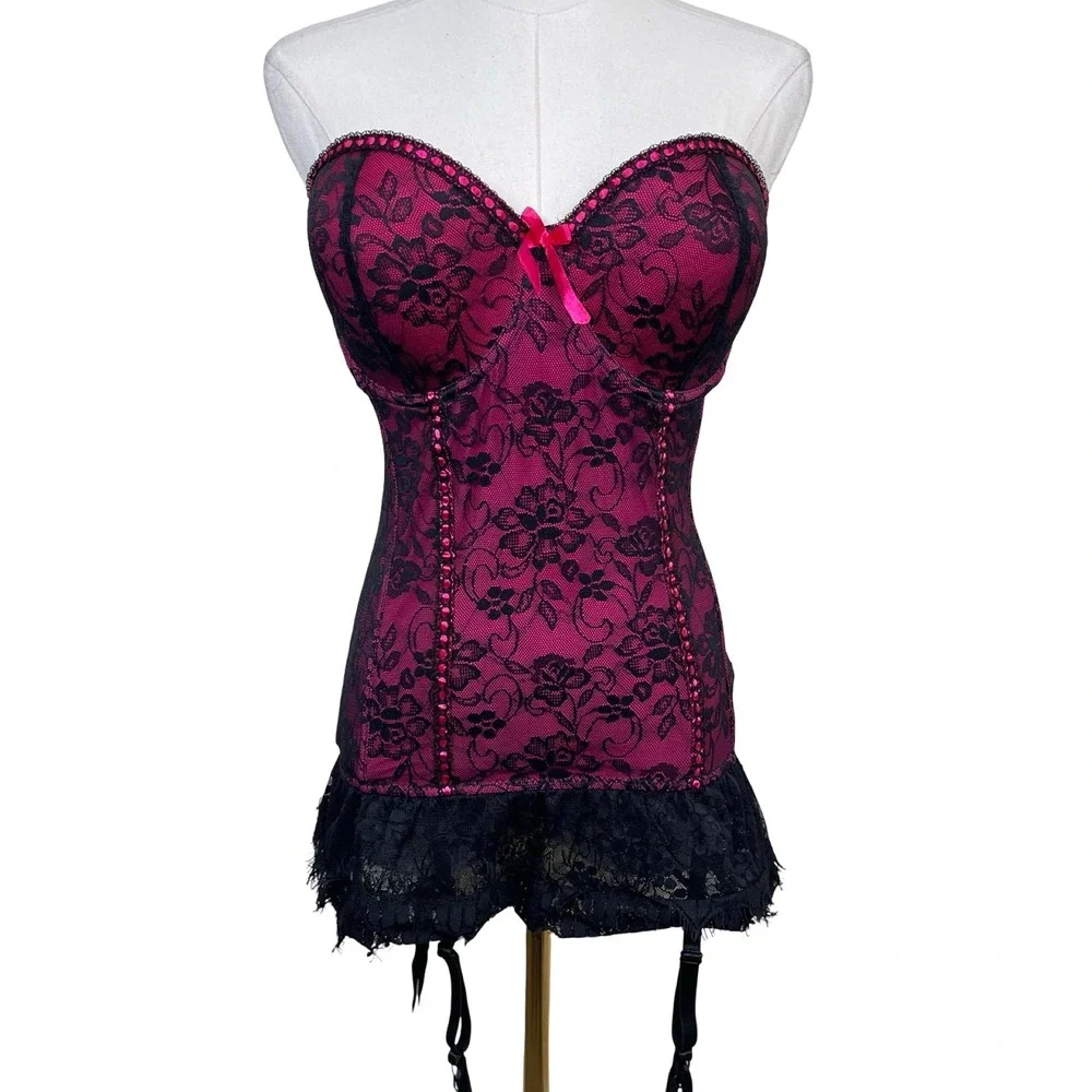 Baci Bustier Corset Top Womens 1X/2X Pink Black‎ Lace Garter Straps Boudoir Goth